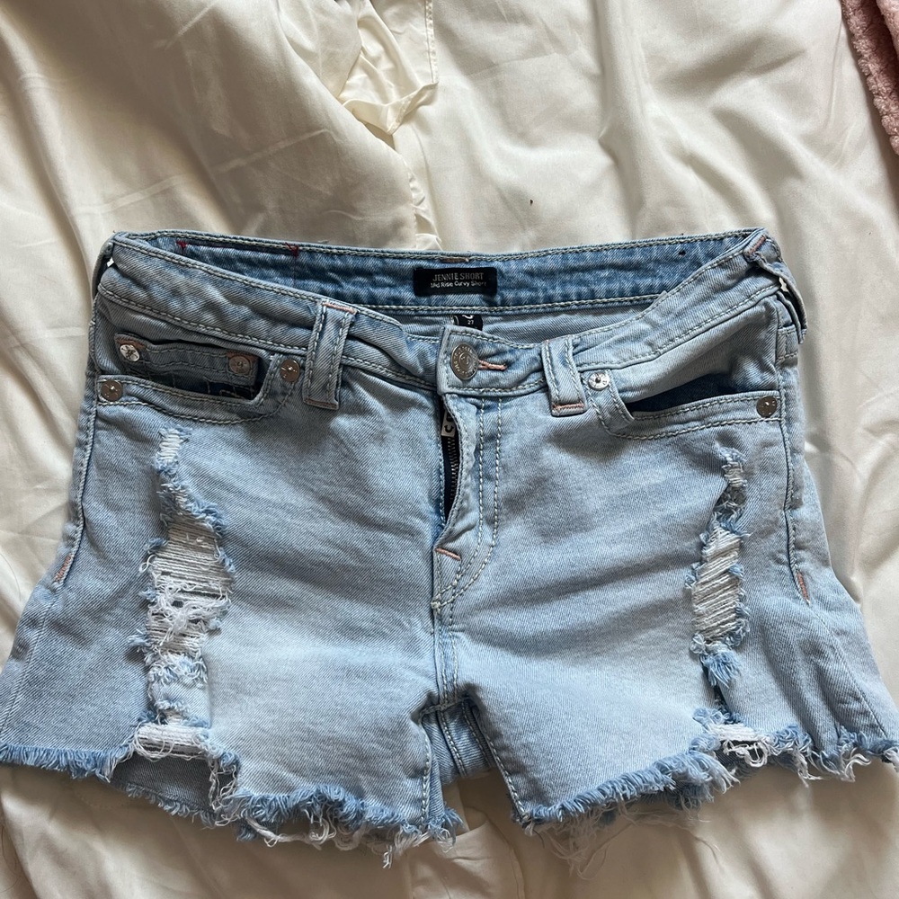 true religion Light Blue Distressed Jean Shorts